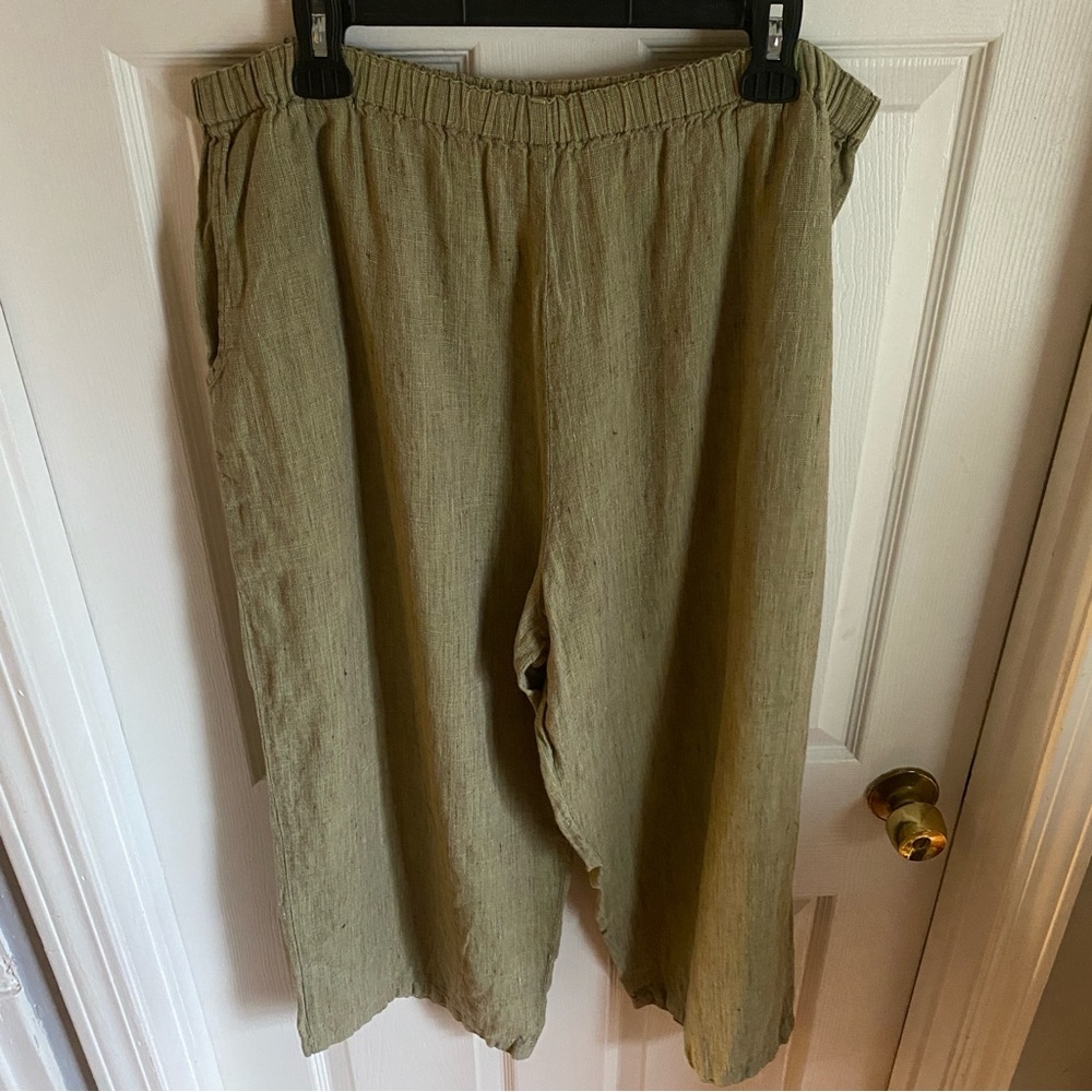 Flax Greenish Tan Linen Wide Leg Pants Large